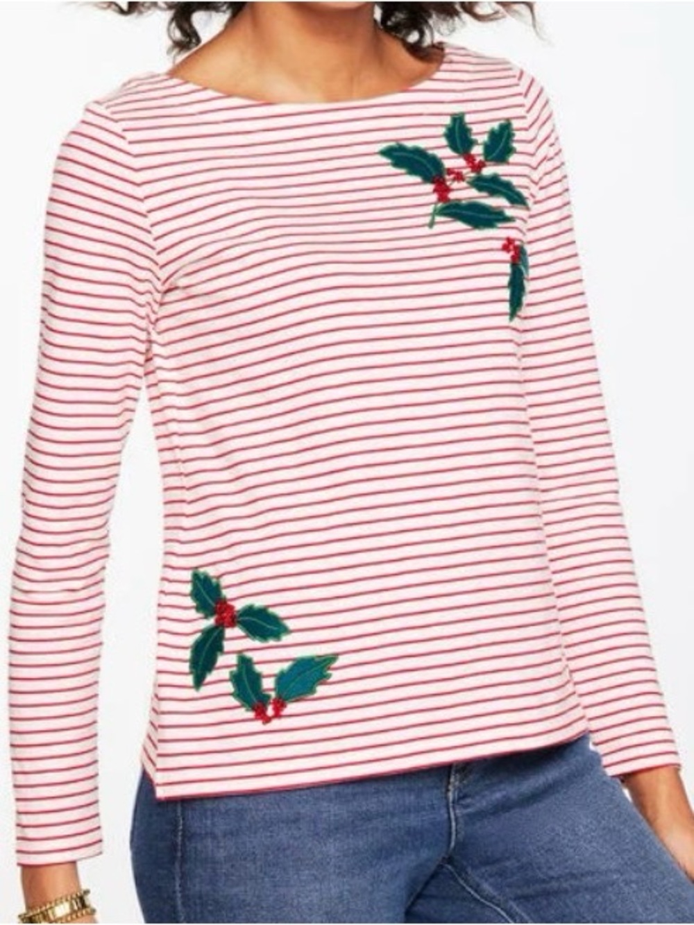 EMBROIDERED BATEAU NECK TEE - HOLLY BERRY STRIPE
